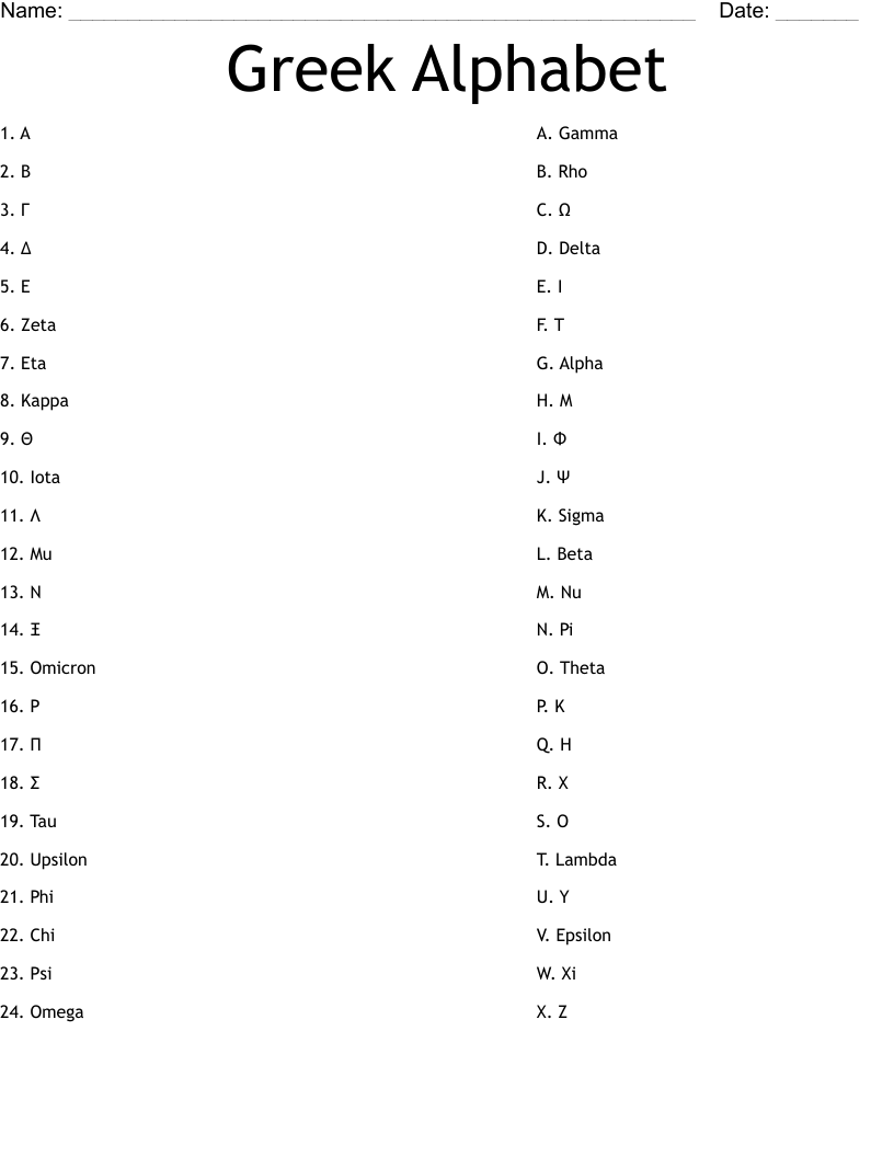 Greek Alphabet Worksheet WordMint